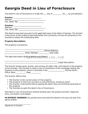 Printable Georgia Deed in Lieu of Foreclosure Template