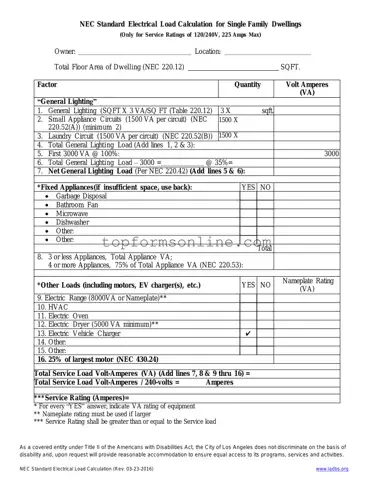 Fill Out a Valid LADBS NEC Standard Electrical Load Calculation Form