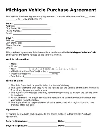 Printable Michigan Vehicle Purchase Agreement Template