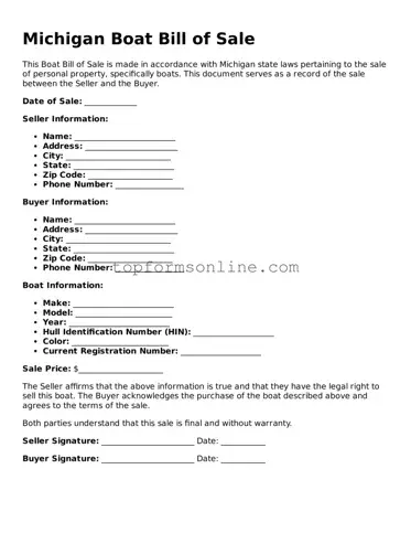Printable Michigan Boat Bill of Sale Template