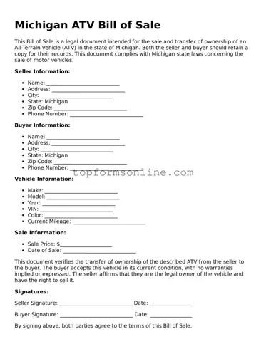 Printable Michigan ATV Bill of Sale Template