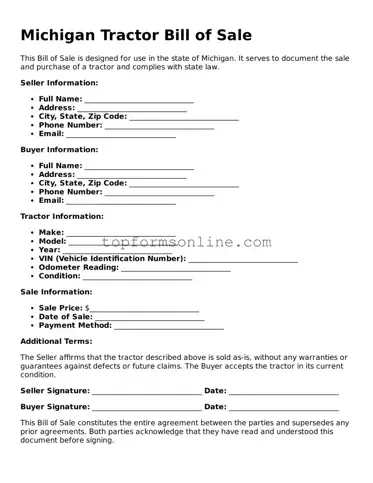 Printable Michigan Tractor Bill of Sale Template