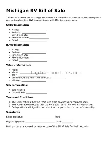 Printable Michigan RV Bill of Sale Template