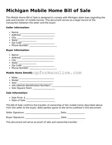 Printable Michigan Mobile Home Bill of Sale Template