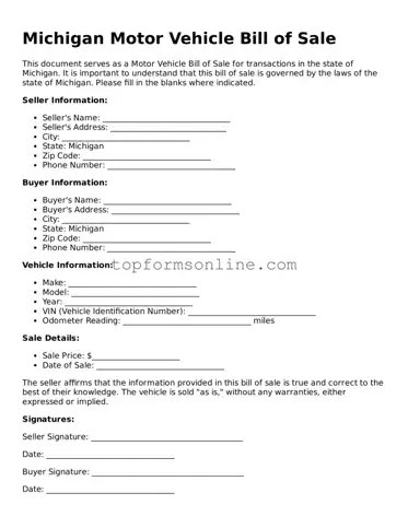 Printable Michigan Motor Vehicle Bill of Sale Template