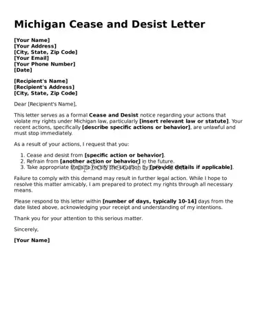 Printable Michigan Cease and Desist Letter Template