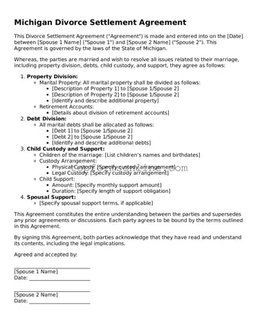 Printable Michigan Divorce Settlement Agreement Template