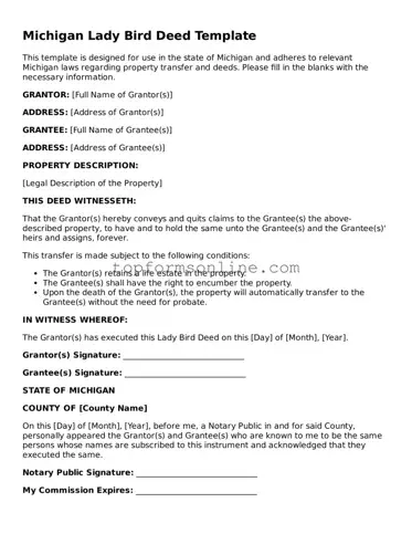 Printable Michigan Lady Bird Deed Template