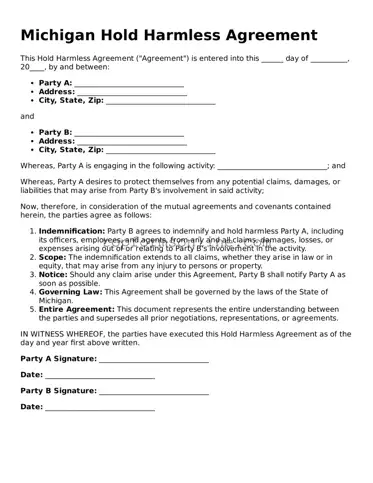 Printable Michigan Hold Harmless Agreement Template