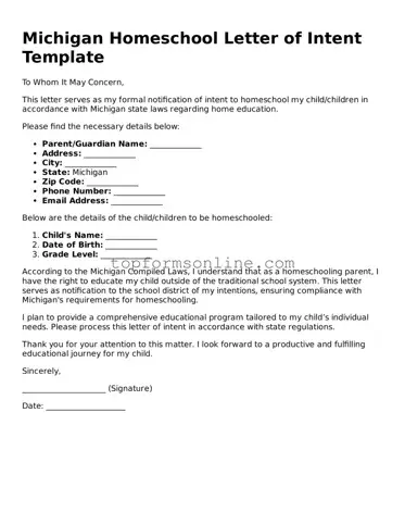 Printable Michigan Homeschool Letter of Intent Template