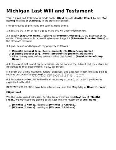 Printable Michigan Last Will and Testament Template