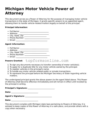 Printable Michigan Motor Vehicle Power of Attorney Template