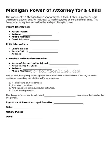 Printable Michigan Power of Attorney for a Child Template