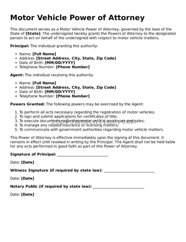 Valid Motor Vehicle Power of Attorney Template