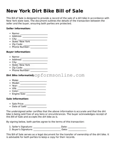 Printable New York Dirt Bike Bill of Sale Template