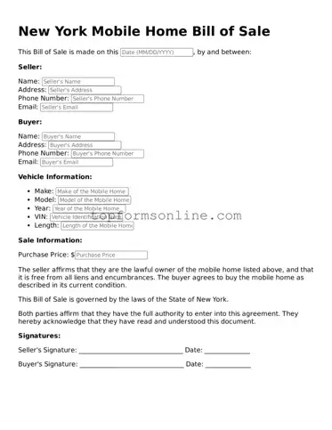 Printable New York Mobile Home Bill of Sale Template