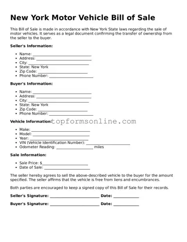 Printable New York Motor Vehicle Bill of Sale Template