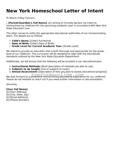 Printable New York Homeschool Letter of Intent Template