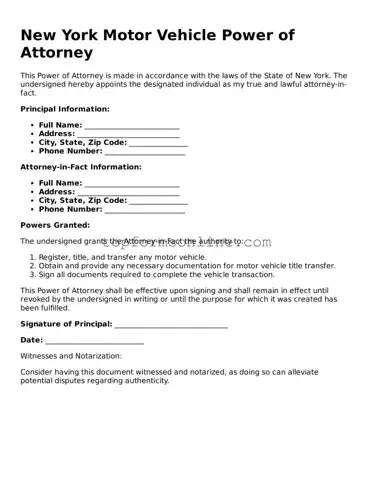 Printable New York Motor Vehicle Power of Attorney Template