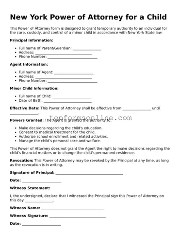 Printable New York Power of Attorney for a Child Template