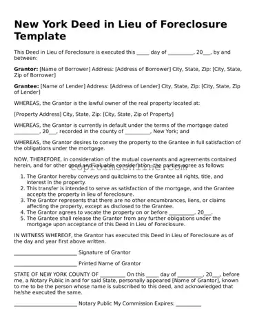 Printable New York Deed in Lieu of Foreclosure Template