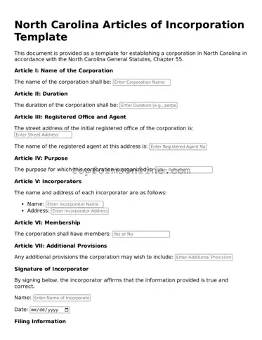 Printable North Carolina Articles of Incorporation Template
