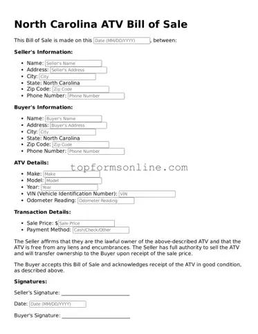 Printable North Carolina ATV Bill of Sale Template