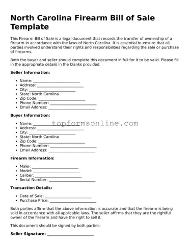 Printable North Carolina Firearm Bill of Sale Template