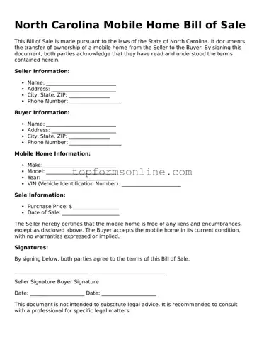 Printable North Carolina Mobile Home Bill of Sale Template