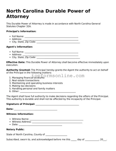 Printable North Carolina Durable Power of Attorney Template