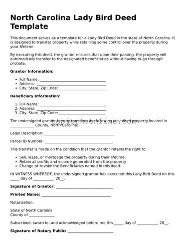Printable North Carolina Lady Bird Deed Template