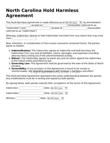 Printable North Carolina Hold Harmless Agreement Template