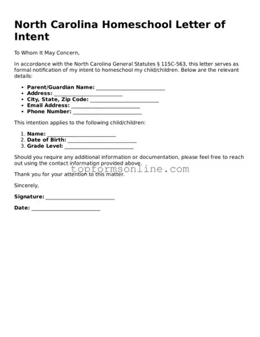 Printable North Carolina Homeschool Letter of Intent Template