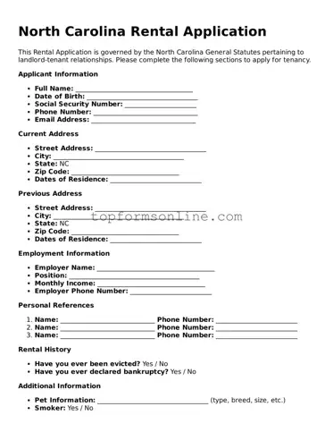 Printable North Carolina Rental Application Template