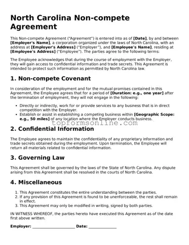 Printable North Carolina Non-compete Agreement Template
