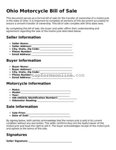 Printable Ohio Motorcycle Bill of Sale Template
