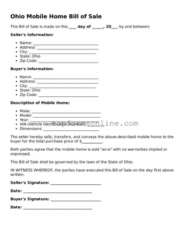 Printable Ohio Mobile Home Bill of Sale Template