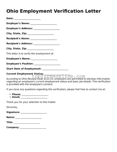 Printable Ohio Employment Verification Template