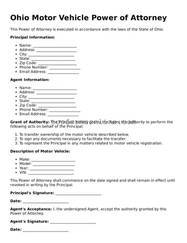 Printable Ohio Motor Vehicle Power of Attorney Template