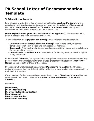Valid PA School Letter of Recommendation Template
