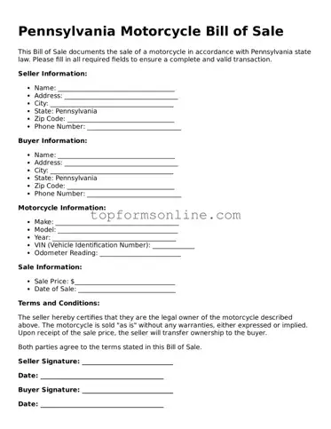 Printable Pennsylvania Motorcycle Bill of Sale Template