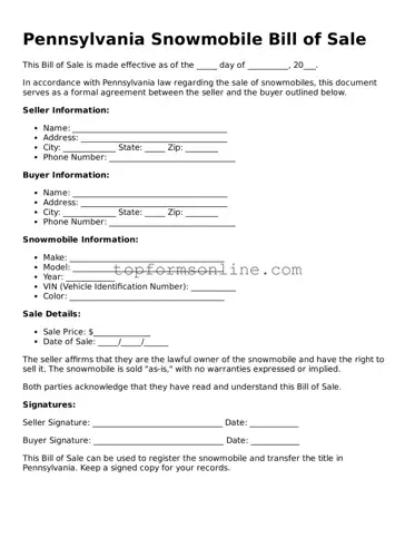 Printable Pennsylvania Snowmobile Bill of Sale Template