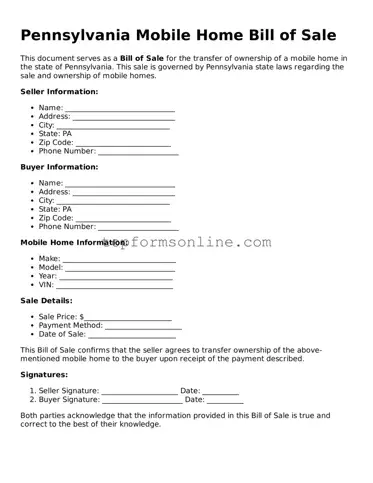 Printable Pennsylvania Mobile Home Bill of Sale Template