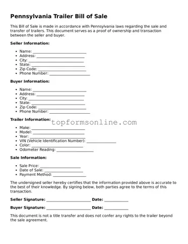 Printable Pennsylvania Trailer Bill of Sale Template