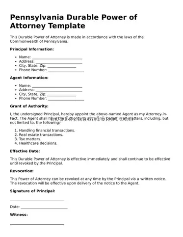 Printable Pennsylvania Durable Power of Attorney Template