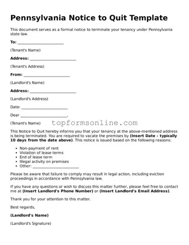Printable Pennsylvania Notice to Quit Template