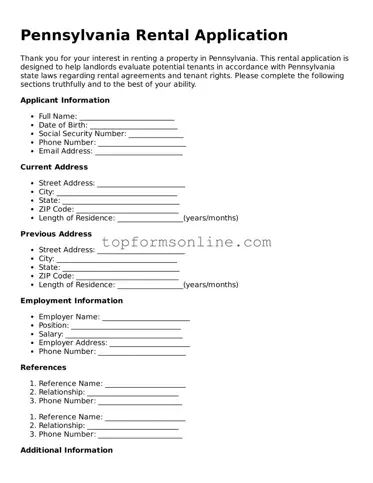 Printable Pennsylvania Rental Application Template