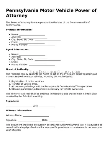 Printable Pennsylvania Motor Vehicle Power of Attorney Template