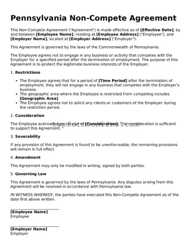 Printable Pennsylvania Non-compete Agreement Template