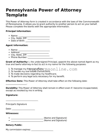 Printable Pennsylvania Power of Attorney Template